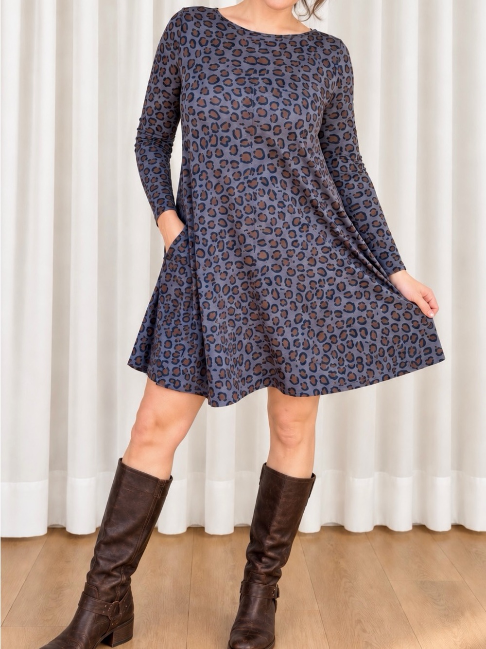 Boden Charcoal Gray Brown Leopard Swing A-Line Dress US 6